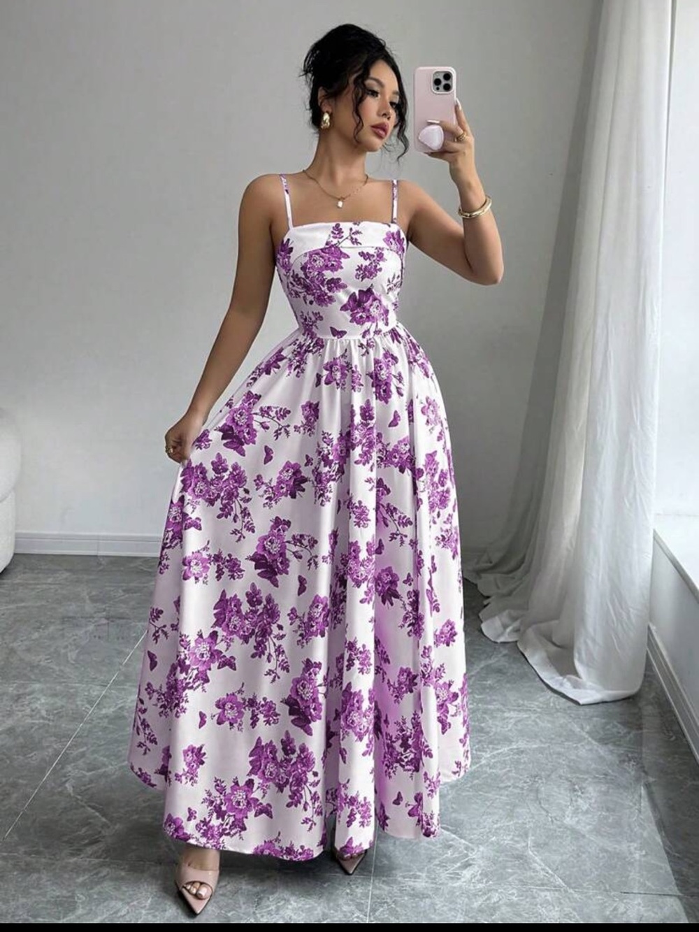 Elegant White & Purple Floral Maxi Dress - Sleeveless Spaghetti Strap